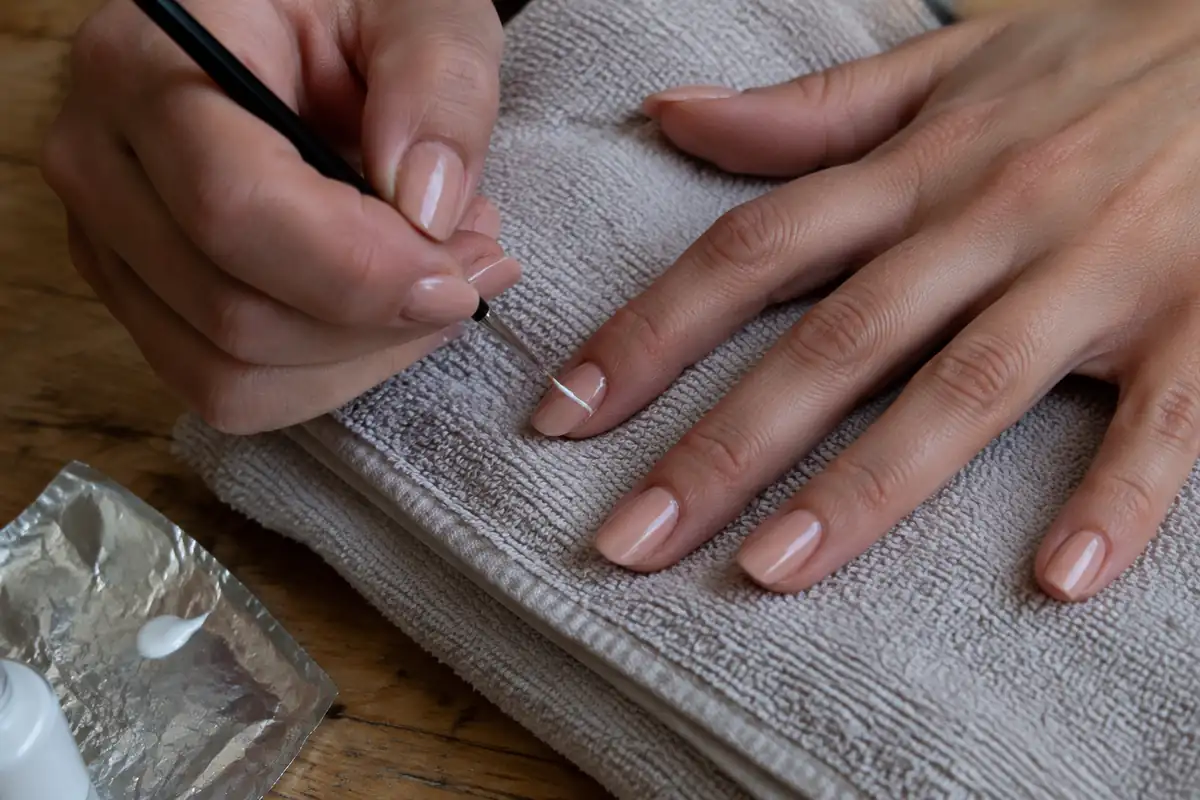 Pinceau fin traçant une ligne blanche à la base d'un ongle verni nude, au ras des cuticules
